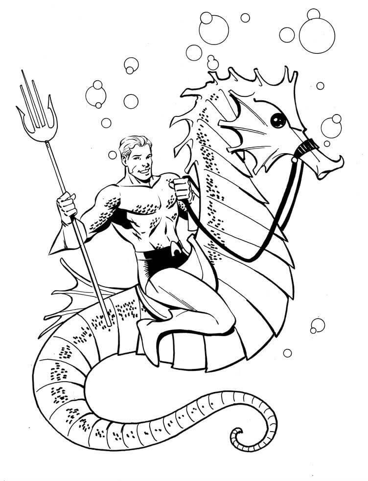 Dibujo de Aquaman Montando Caballito de Mar para Colorear