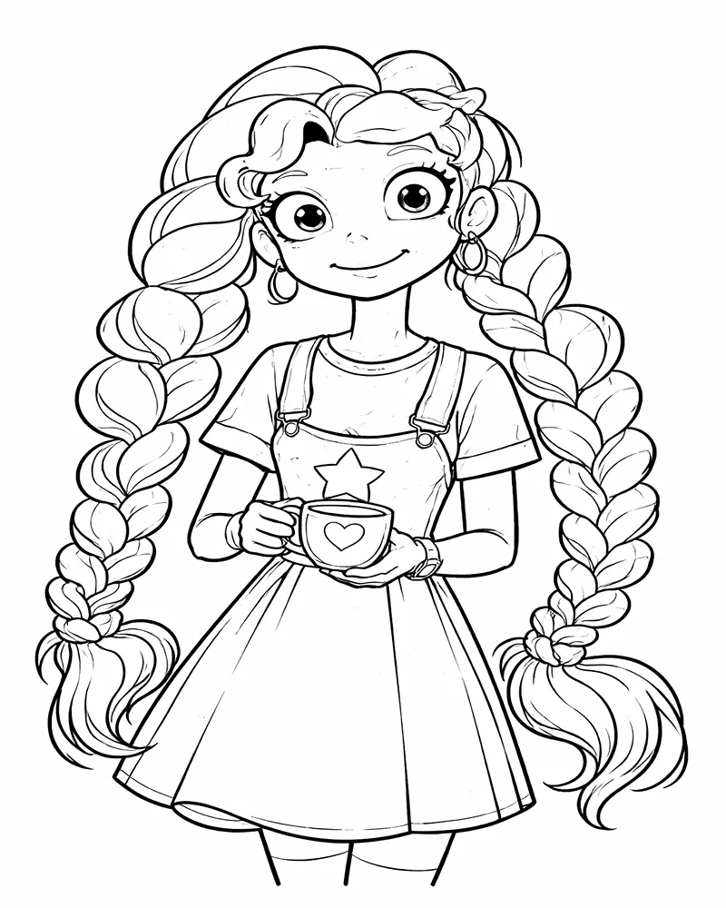 Dibujo de Lilys Retrato Lindo con Trenzas página para Colorear