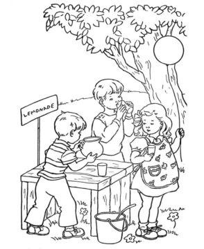 Dibujo de Niños Bebiendo Limonada para Colorear