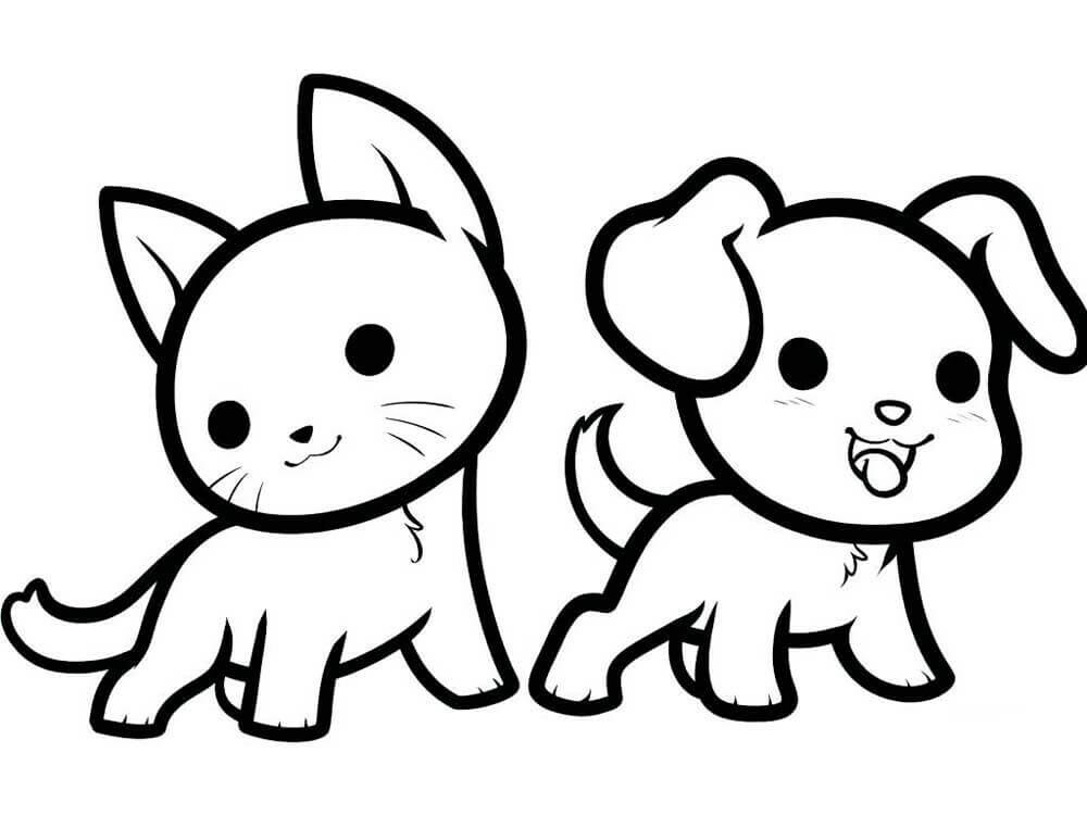 Dibujo de Lindo Gato y Perro para Colorear