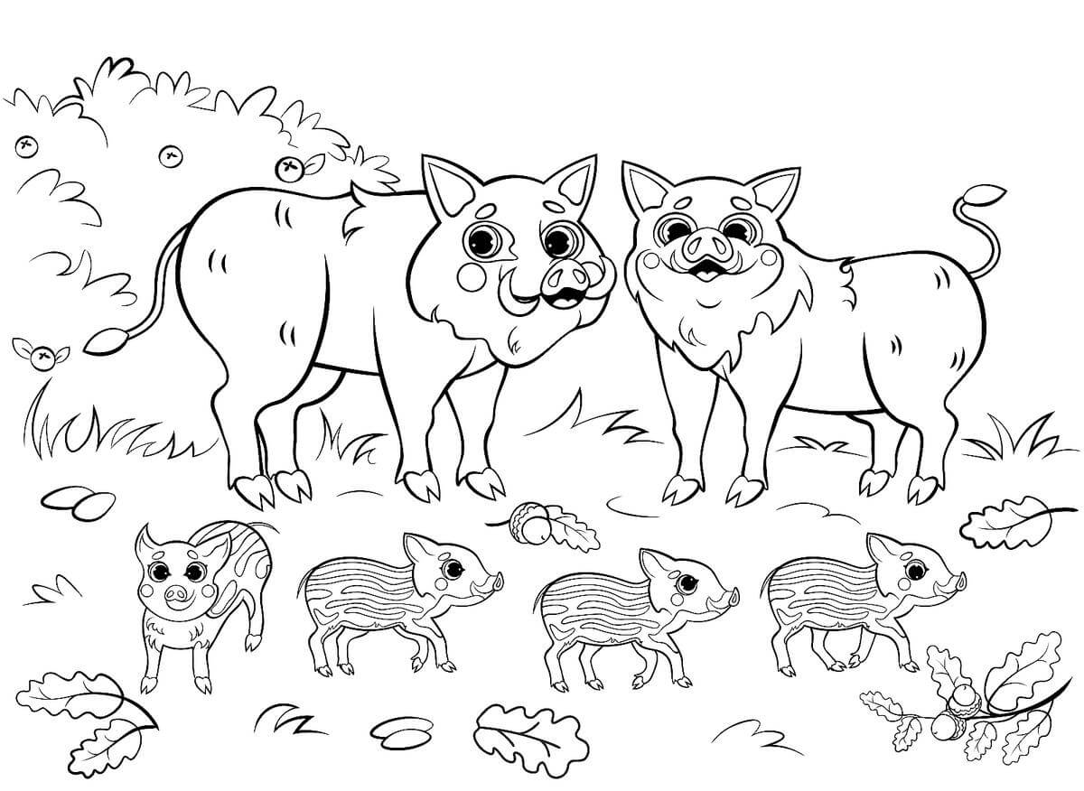 Dibujo de Lindos Cerdos Familiares para Colorear