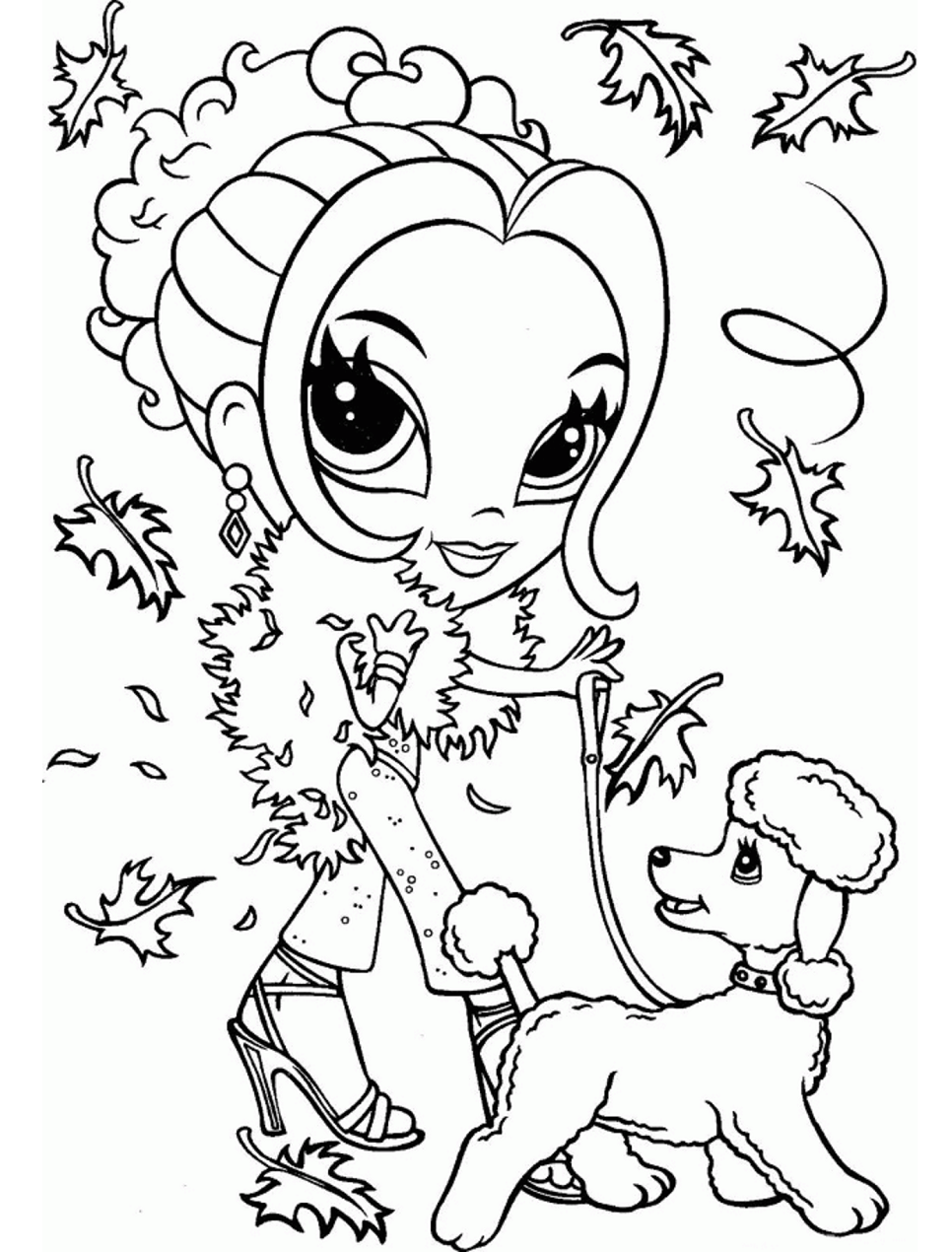 Dibujo de Chica Glamour con Caniche para Colorear
