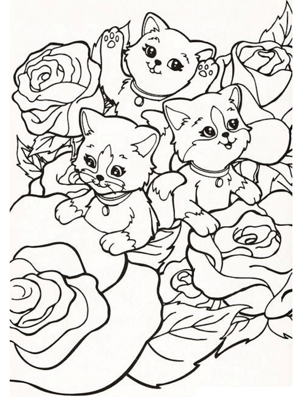 Dibujo de Gatos con Rosas de Lisa Frank para Colorear