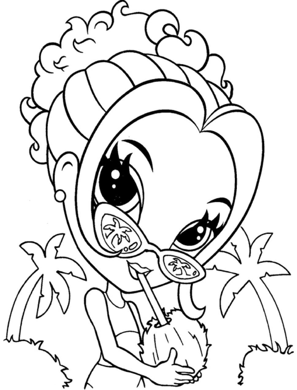 Dibujo de Lisa Frank Chica Bebiendo Agua de Coco para Colorear