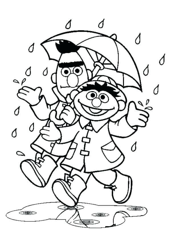 Dibujo de Bert y Ernie Lluvia para Colorear
