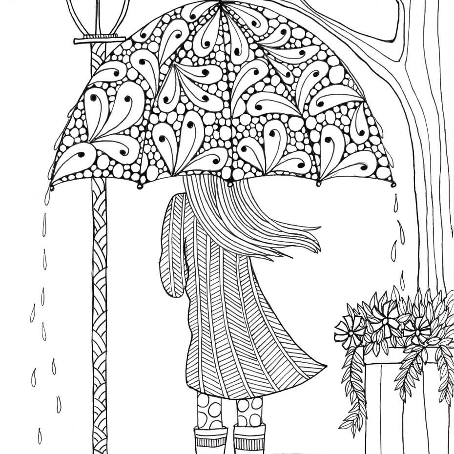 Dibujo de Chica Bajo la Lluvia para Colorear