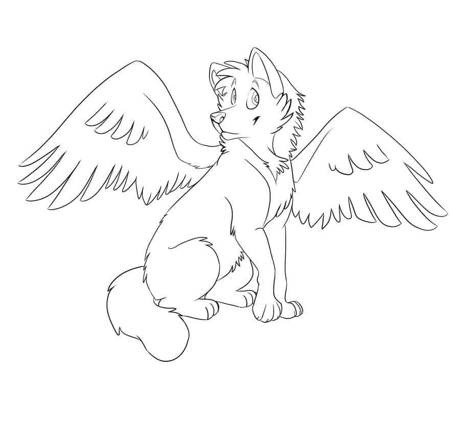 Dibujo de Lobo Alado ángel para Colorear