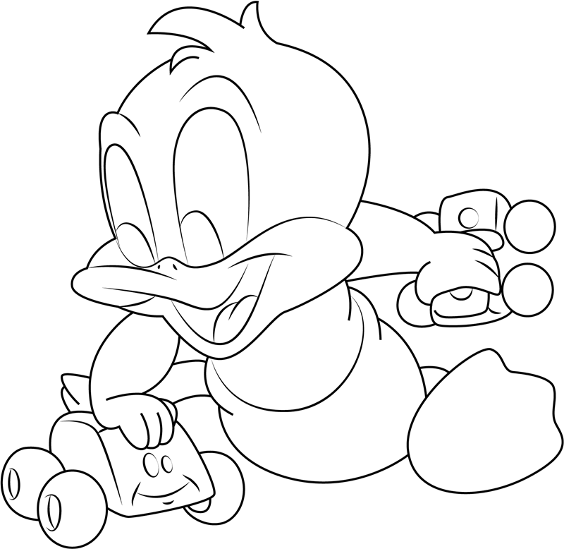 Dibujo de Baby Daffy Jugando a los Coches para Colorear
