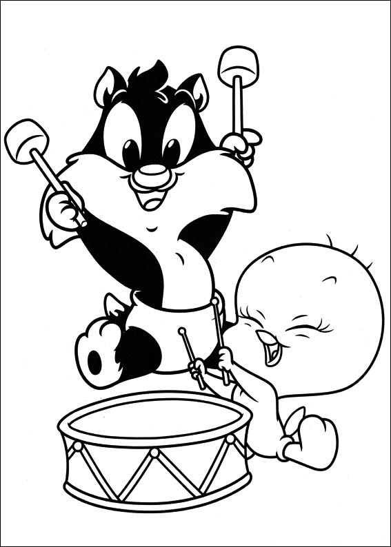 Dibujo de Bebé Silvestre y Piolin Tocando el Tambor para Colorear