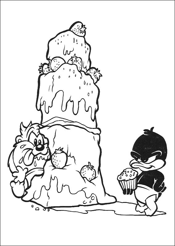 Dibujo de Bebé Taz y Daffy con Pastel Grande para Colorear