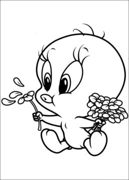 Dibujo de Piolin bebé con Flores para Colorear