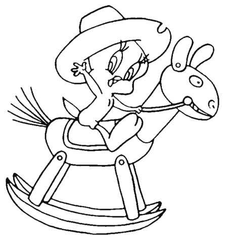Dibujo de Piolin Jugando Caballito de Madera para Colorear