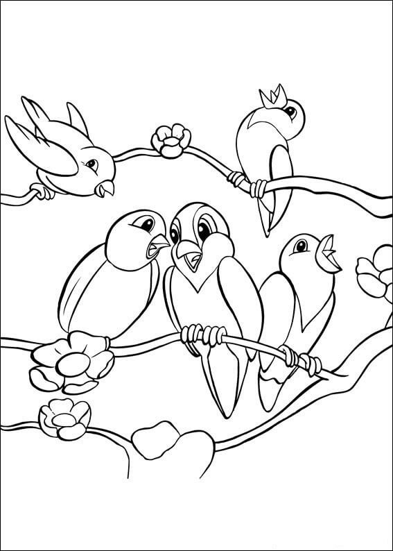 Dibujo de Cinco Loros en árbol de Rama para Colorear