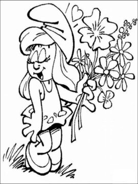 Dibujo de Pitufina con Ramo para Colorear