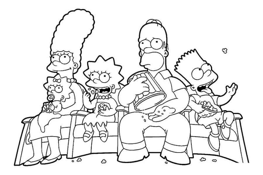 Dibujo de Familia Simpsons Viendo la película para Colorear