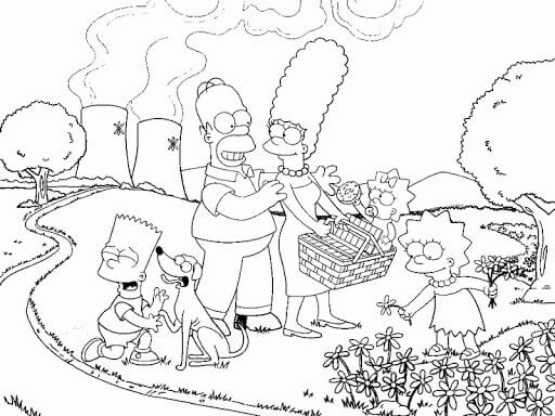 Dibujo de Picnic Familiar Simpson para Colorear