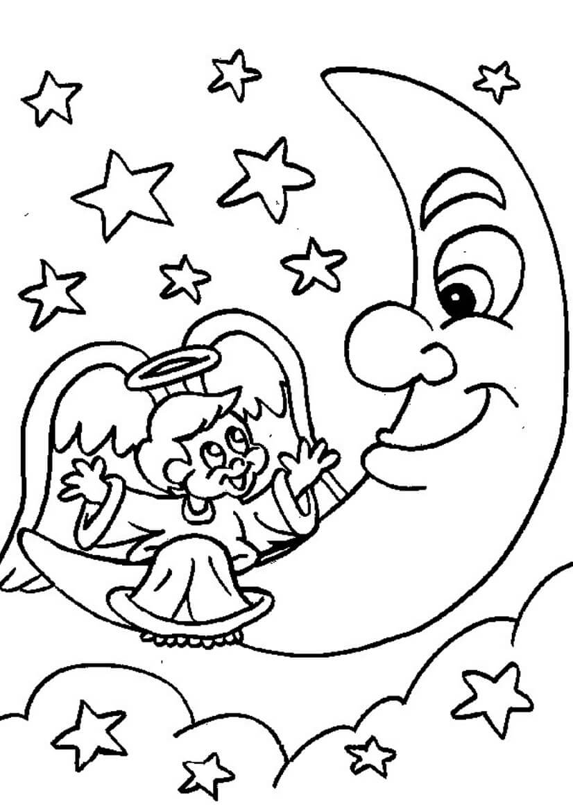 Dibujo de Ángel con Luna para Colorear