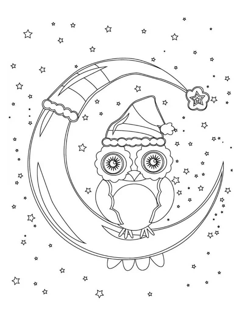 Dibujo de Búho de Navidad en la Luna para Colorear