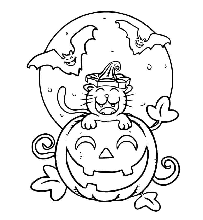 Dibujo de Gato de Halloween con Luna y Murcielago para Colorear