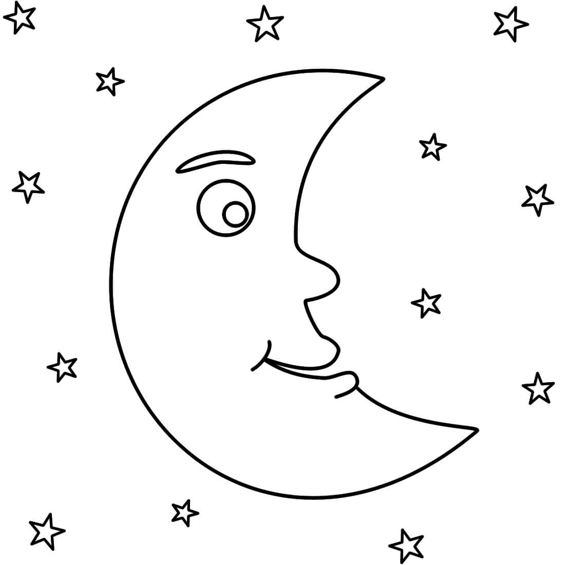 Dibujo de Luna Divertida con Estrellas para Colorear