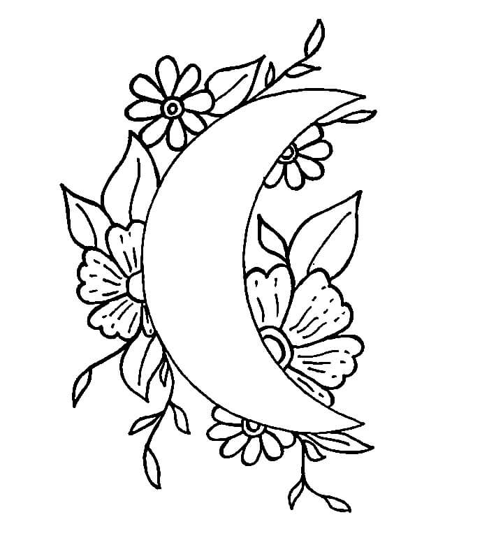 Dibujo de Luna con Flores para Colorear