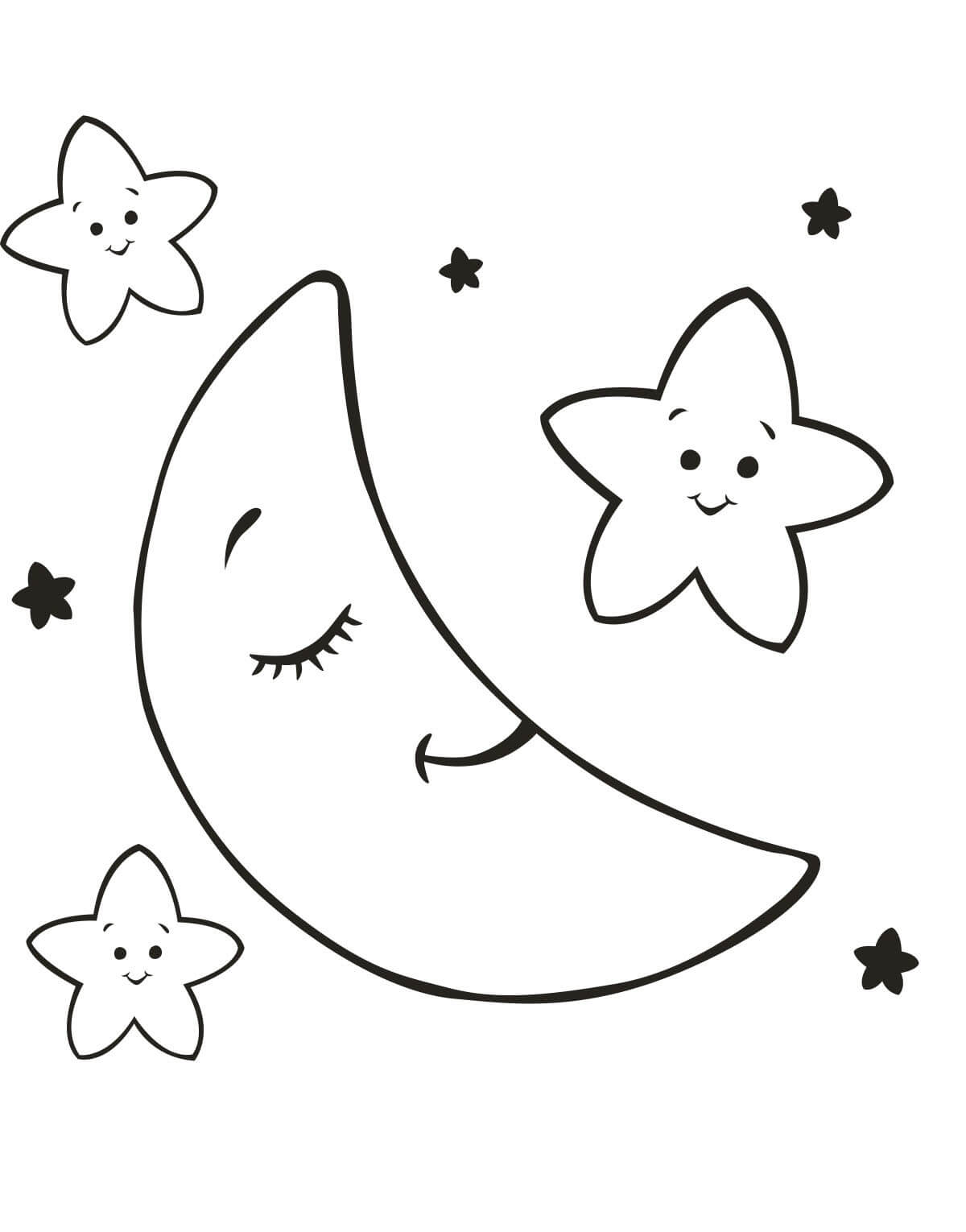 Dibujo de Luna de Dibujos Animados y Tres Estrellas para Colorear