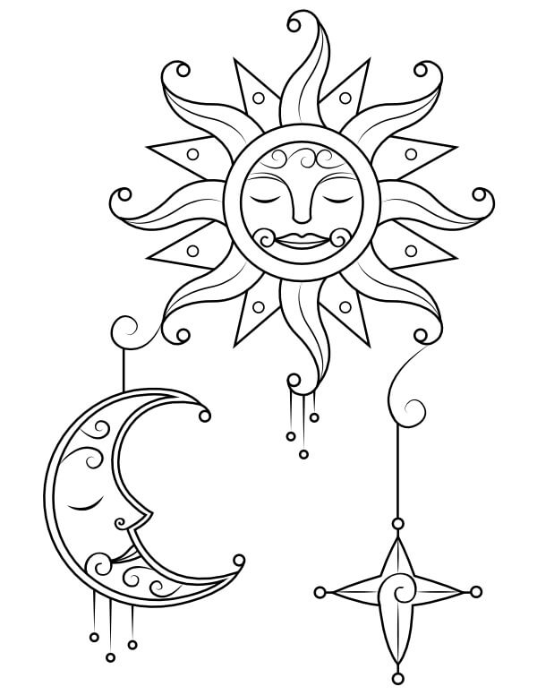 Dibujo de Sol Luna y Estrella para Colorear