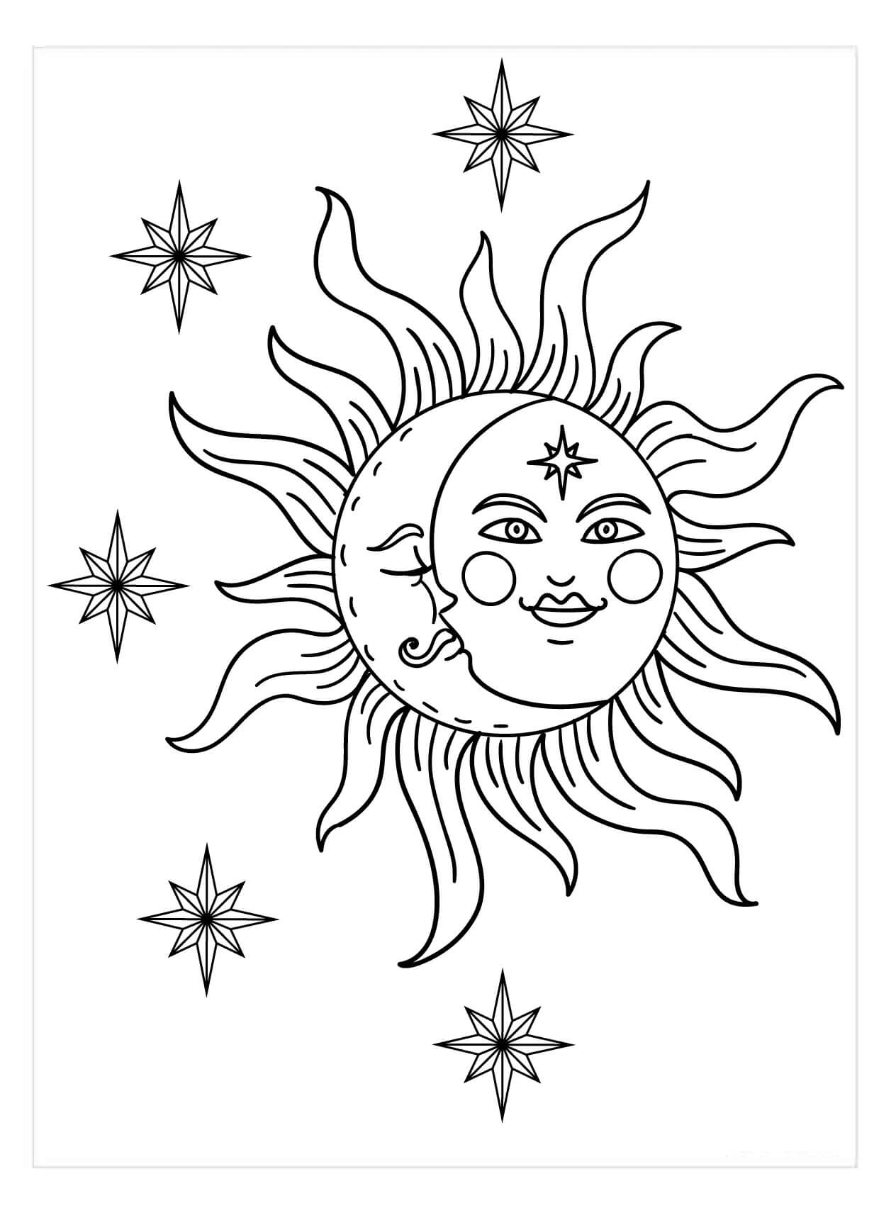Dibujo de Sol y Luna Vintage para Colorear