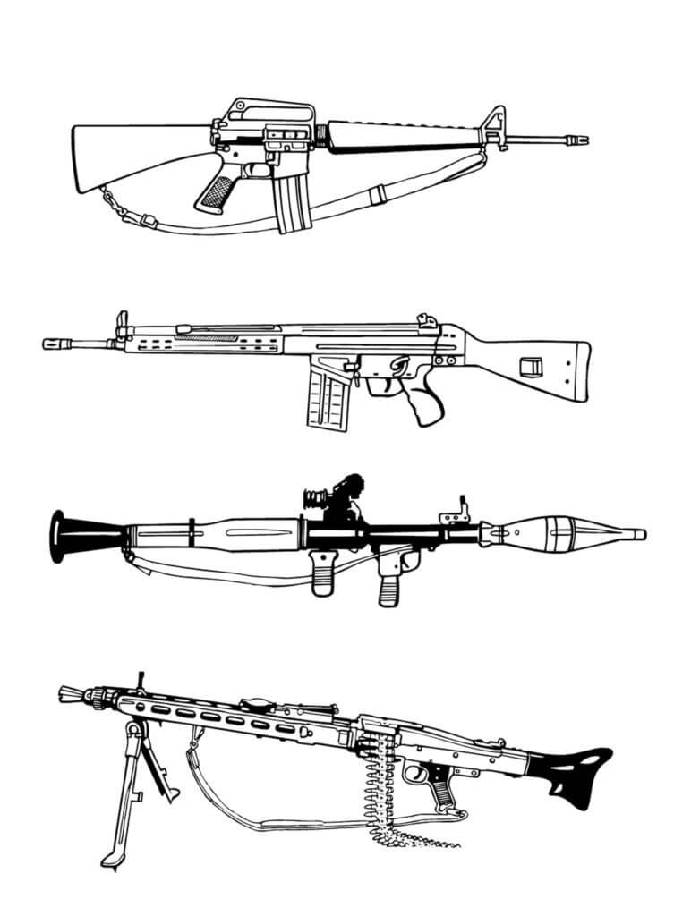 Dibujo de Ametralladora y Tres Grandes Armas para Colorear