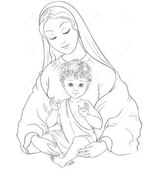Dibujo de Madonna Child Blessed Virgin Mary Baby Jesús Vector Cartoon Coloring Page 164484068 para Colorear