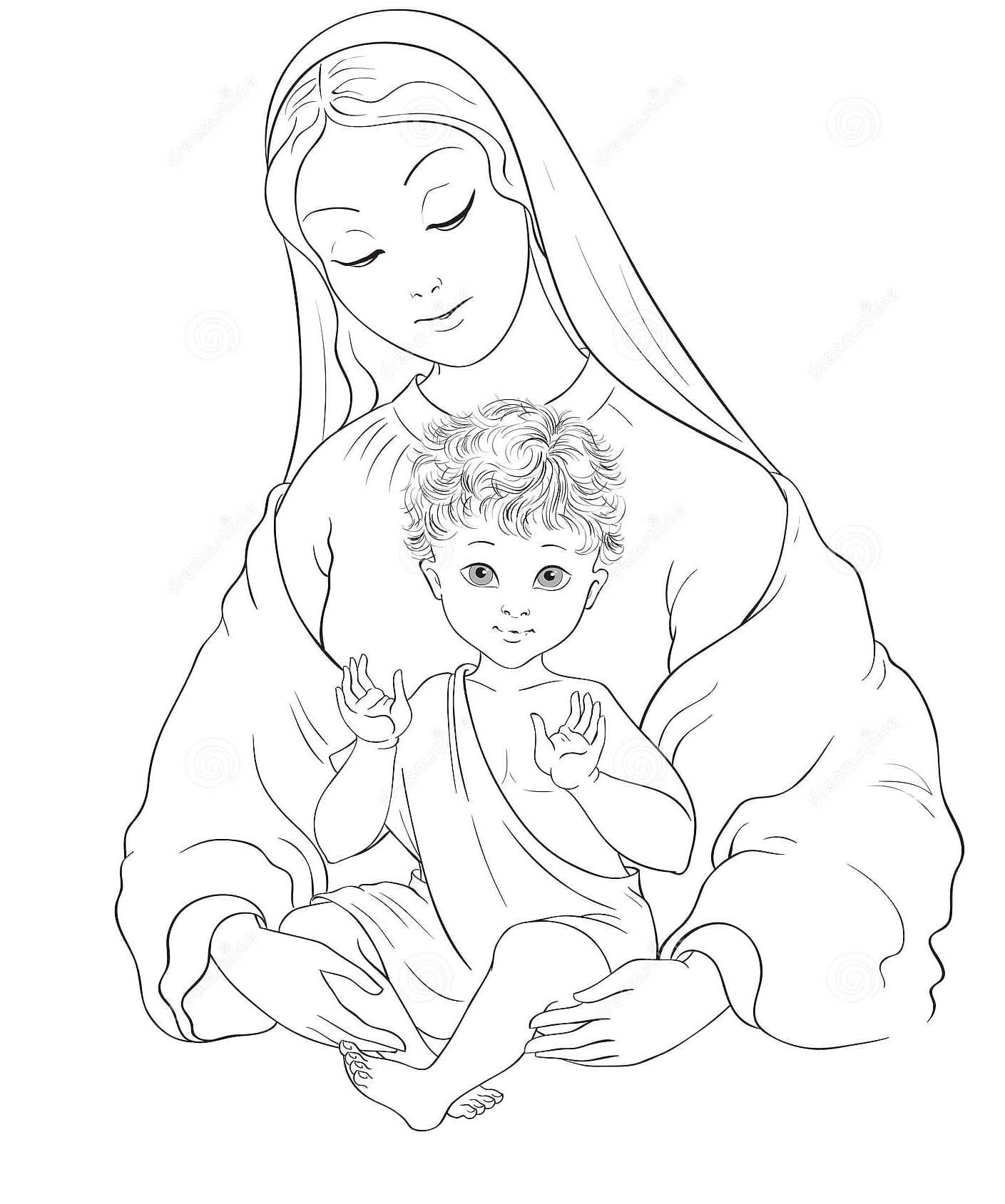 Dibujo de Madonna Child Blessed Virgin Mary Baby Jesús Vector Cartoon Coloring Page 164484068 para Colorear