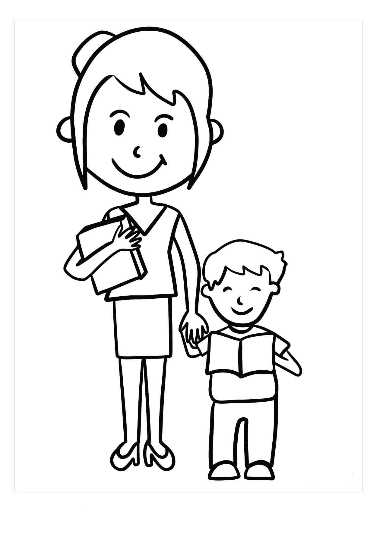 Dibujo de Profesora y Estudiante Sonriendo para Colorear
