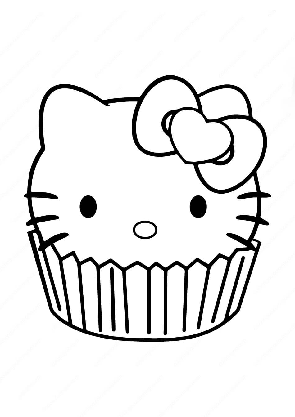 Dibujo de Hola Gatito en Cupcake para Colorear