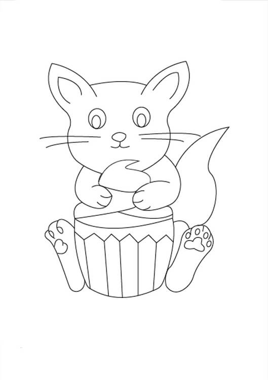Dibujo de Gran Gato en Cupcake para Colorear