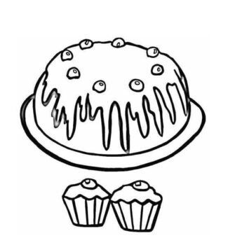 Dibujo de Torta de cumpleaños y Dos Cupcakes para Colorear