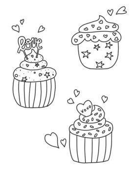 Dibujo de Tres Cupcakes en San Valentin para Colorear
