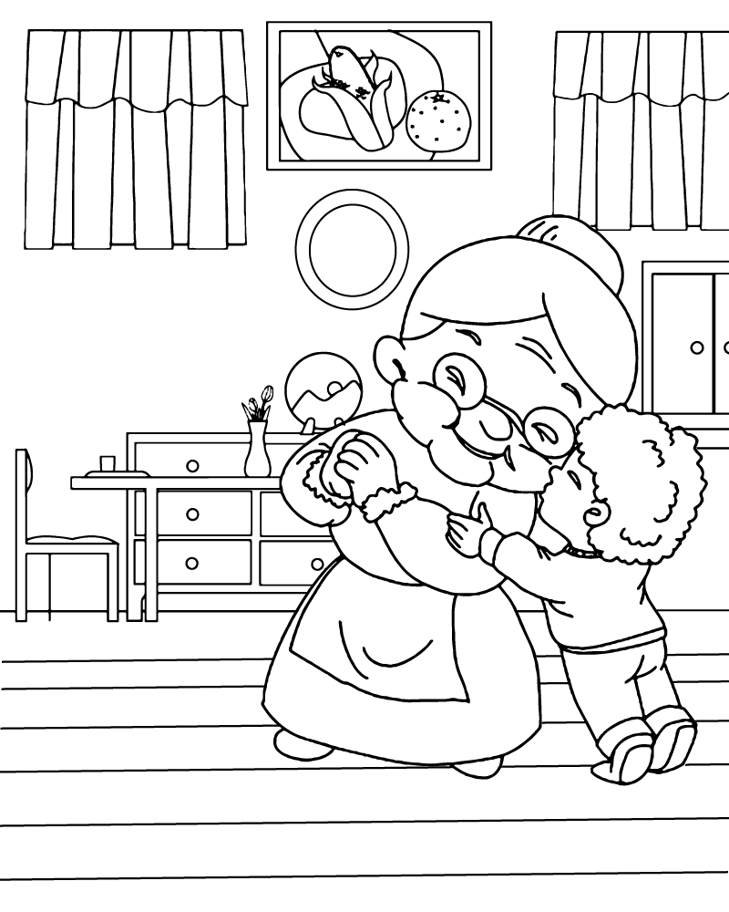 Dibujo de Grandkid Kissing Grandmother Coloring Page para Colorear