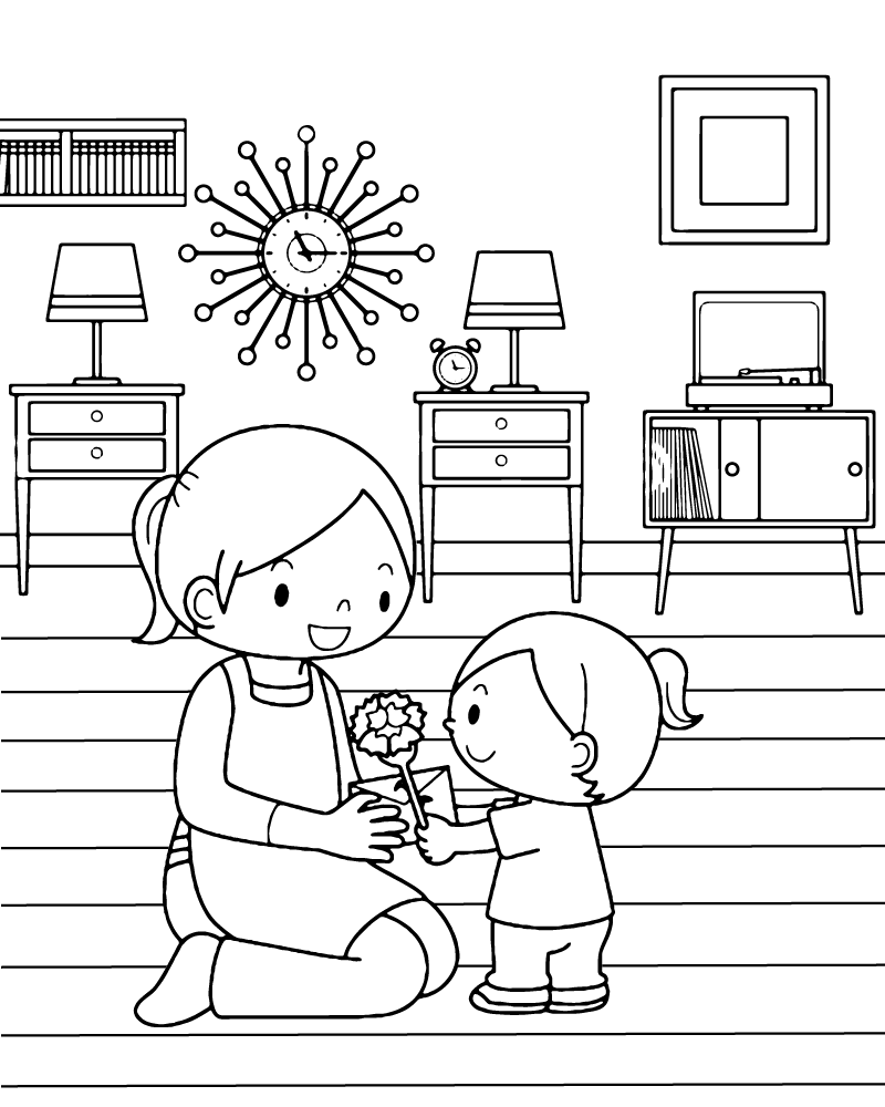 Dibujo de Kid Giving Flower To Mom Coloring Page para Colorear