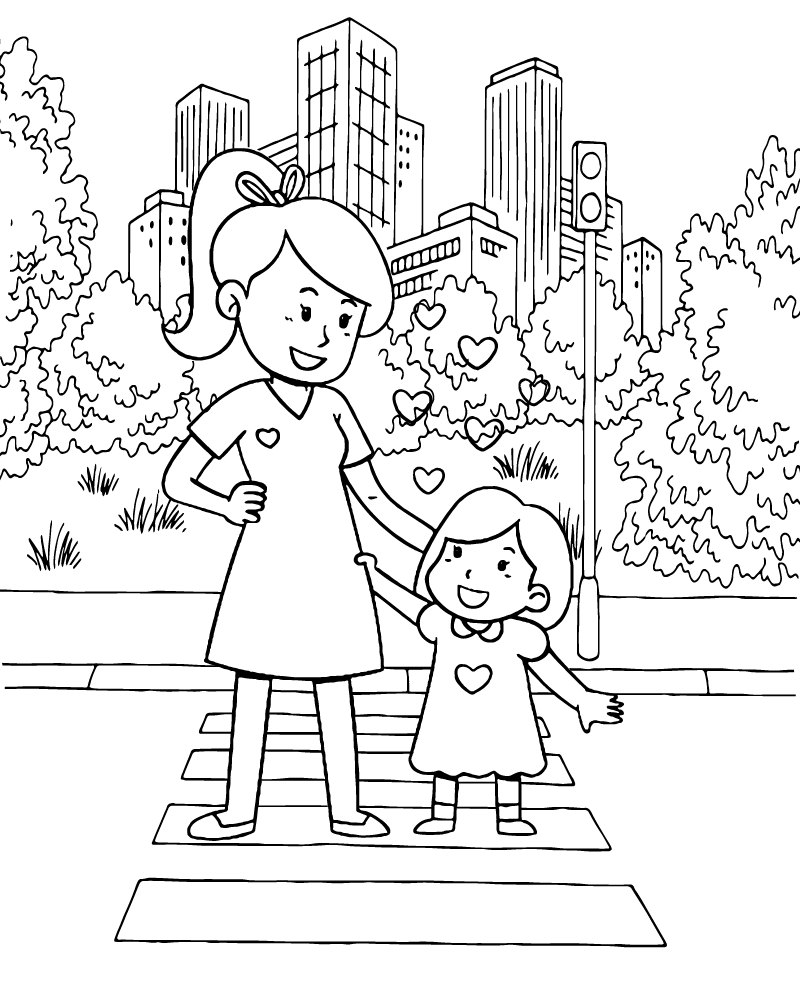 Dibujo de Mom And Kid Crossing Pedestrian Coloring Page para Colorear