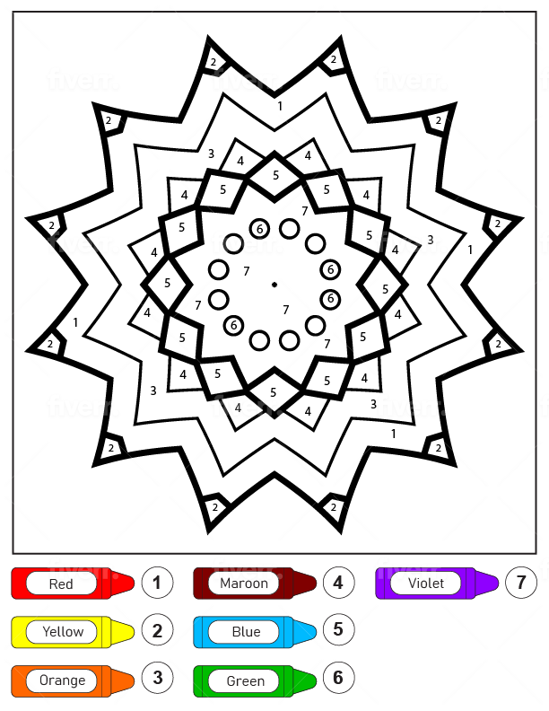 Dibujo de Colorear por números Mandala Estrella para niños página para Colorear