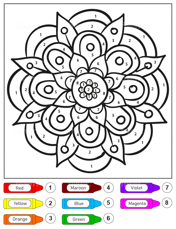 Dibujo de Colorear por números un Bonito Mandala de Flores para niños página para Colorear