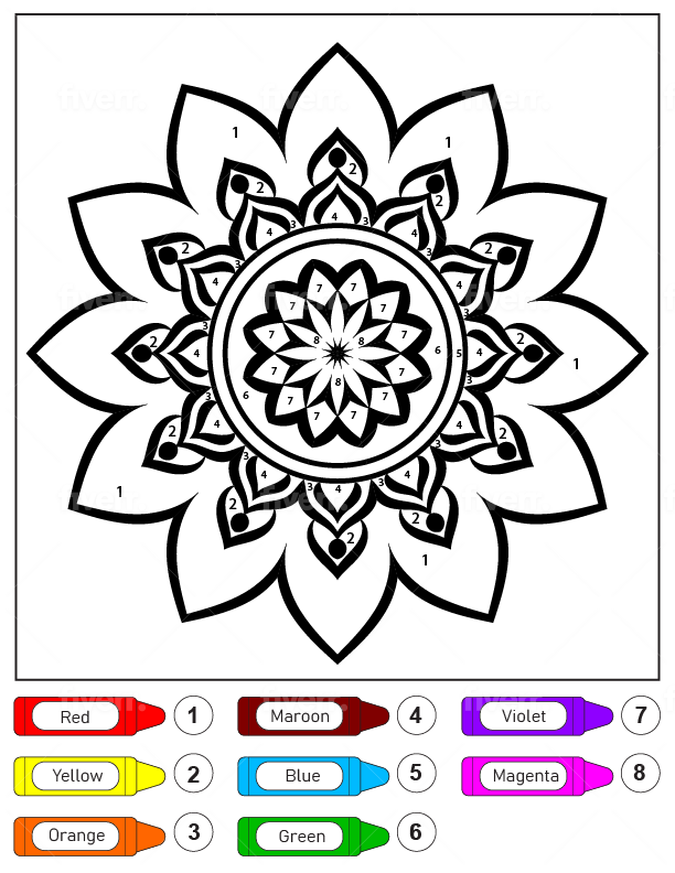Dibujo de Colorear por números un Increible Mandala de Flores para niños página para Colorear