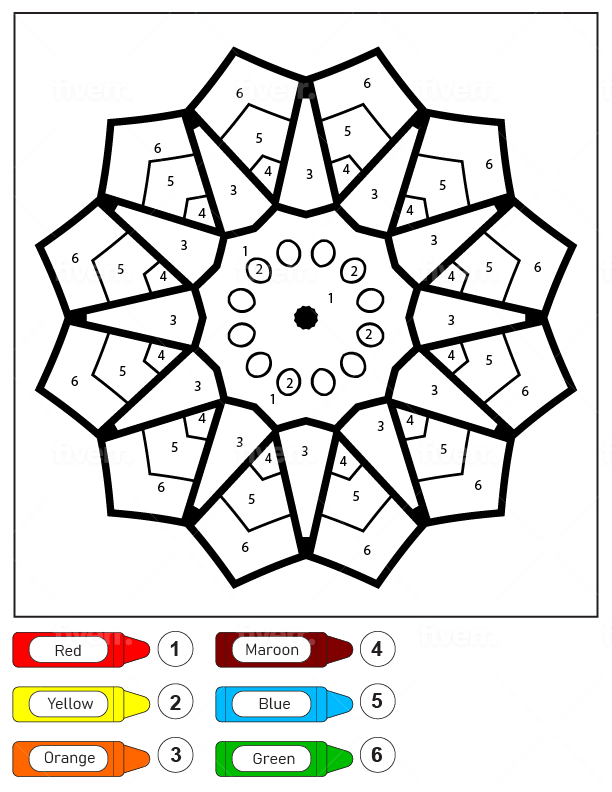 Dibujo de Colorear por números un Mandala de Flores fácil para niños página para Colorear