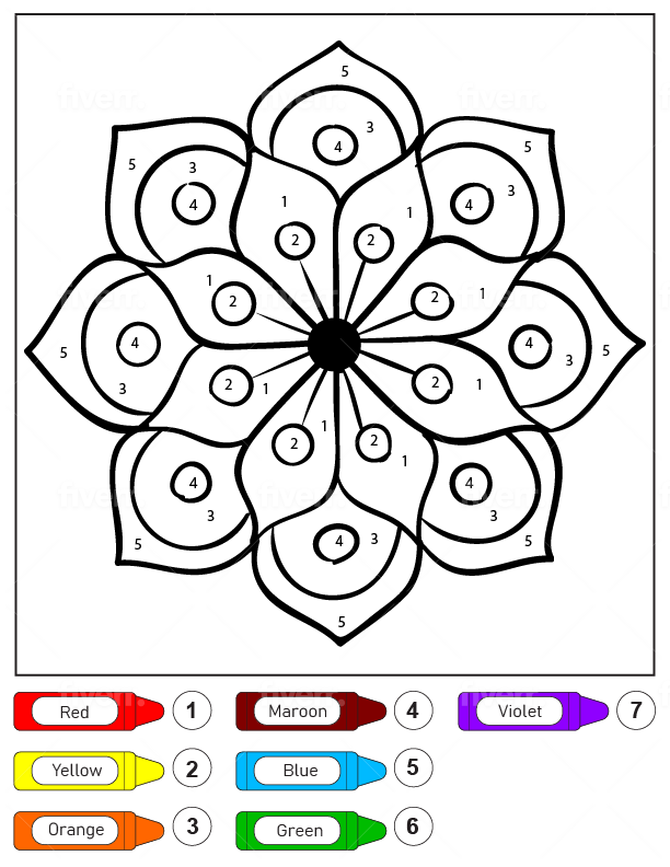 Dibujo de Colorear por números un Mandala de Flores para niños página para Colorear