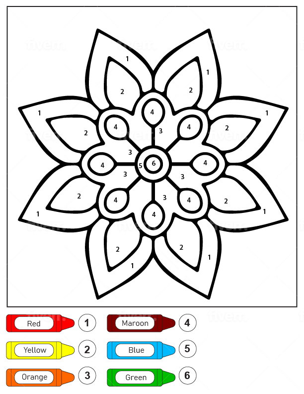 Dibujo de Colorear por números un Mandala de Flores Sencillas para niños página para Colorear