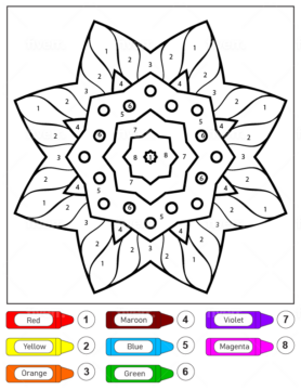 Dibujo de Colorear por números un Mandala de Flores Sencillo para niños página para Colorear