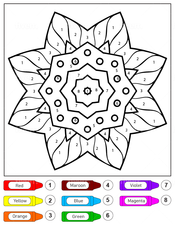 Dibujo de Colorear por números un Mandala de Flores Sencillo para niños página para Colorear