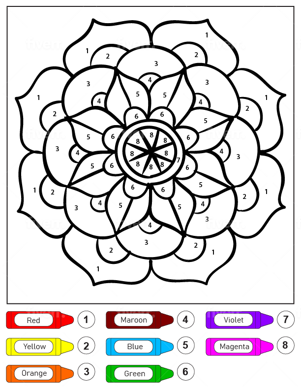 Dibujo de Colorear por números Mandala de Flores para niños para Colorear