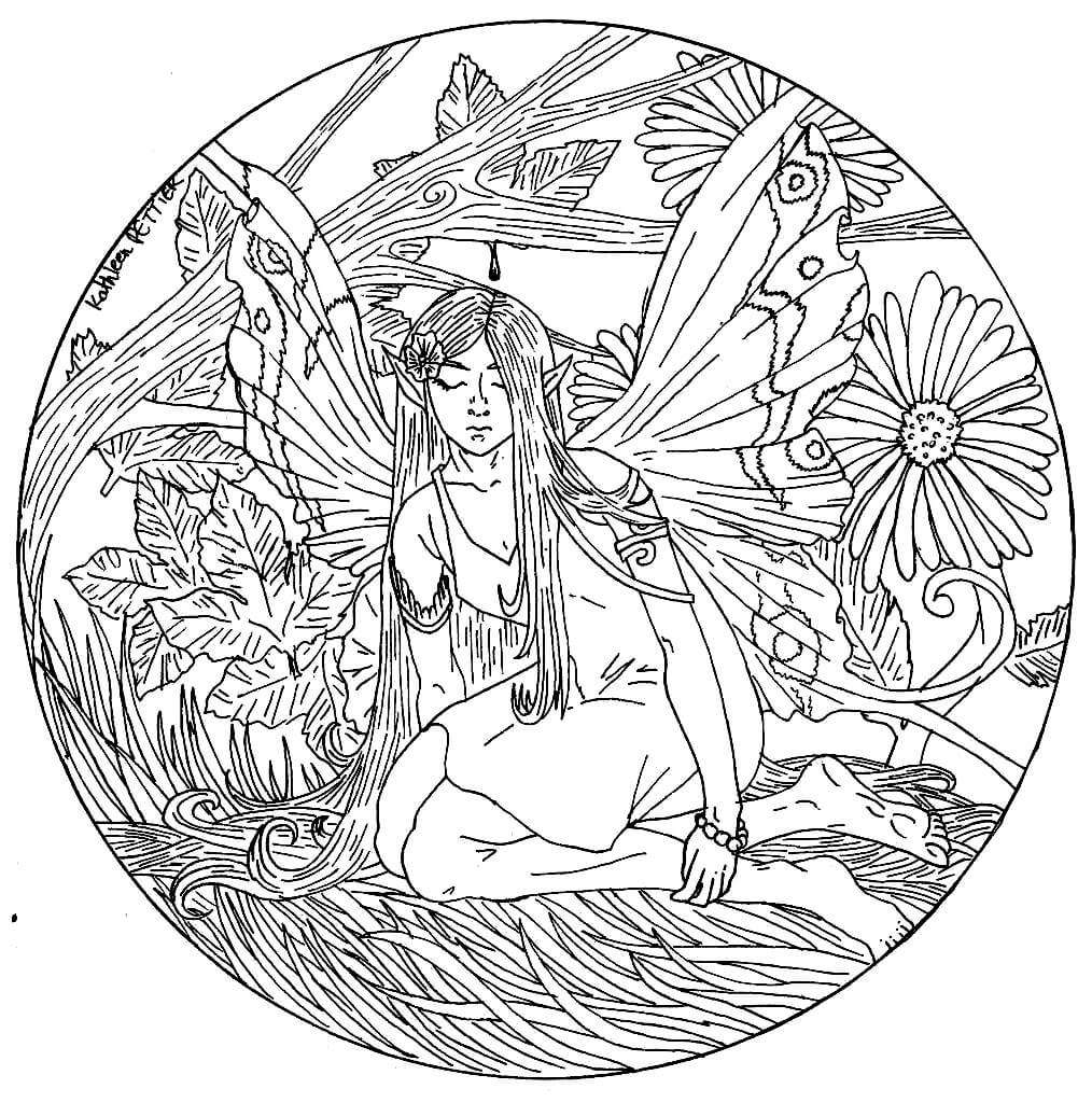 Dibujo de Hada con Flor de Mandalas para Colorear
