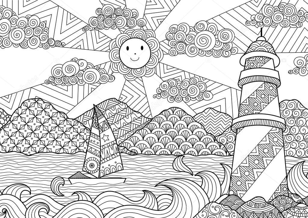 Dibujo de Mandala Hermoso Amanecer en el Mar para Colorear